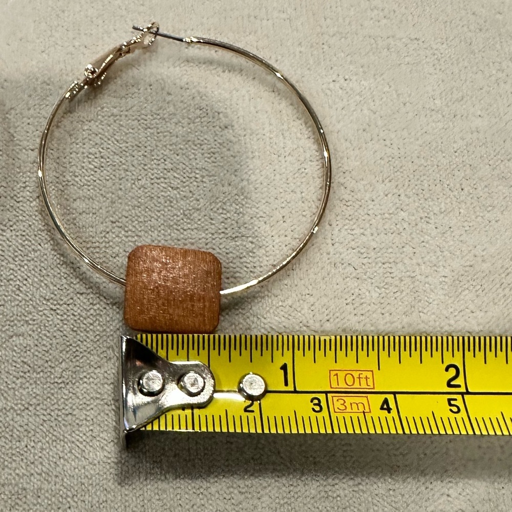 Gold Hoop Earrings with Wood Bead Accent | Boho Minimalist Jewelry - Picture 4 of 5